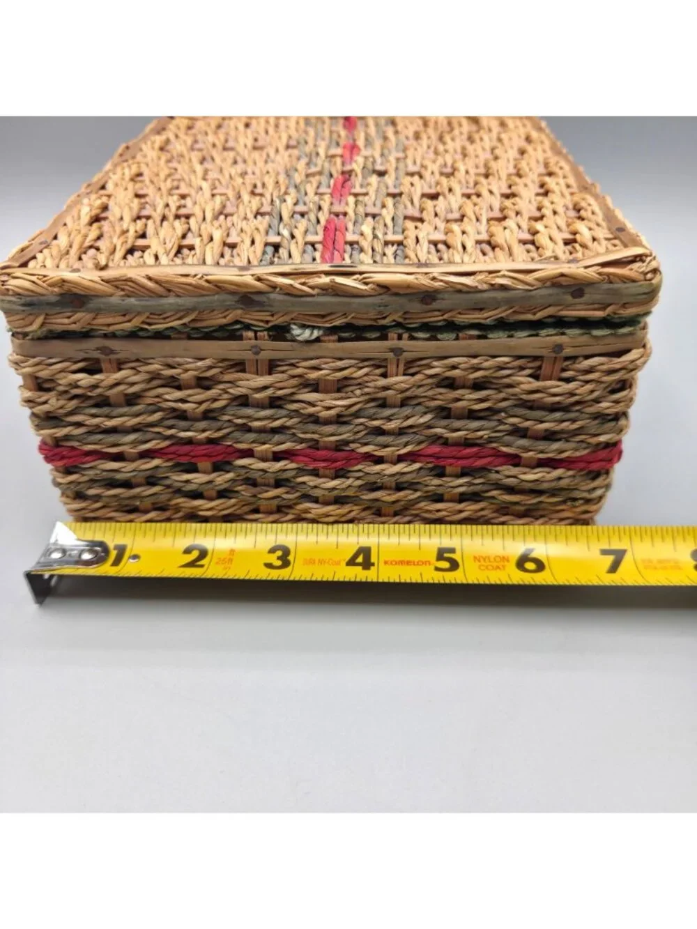 Vintage Woven Sewing Basket Hinged Lid Mid Century Green Satin Lining Cottage